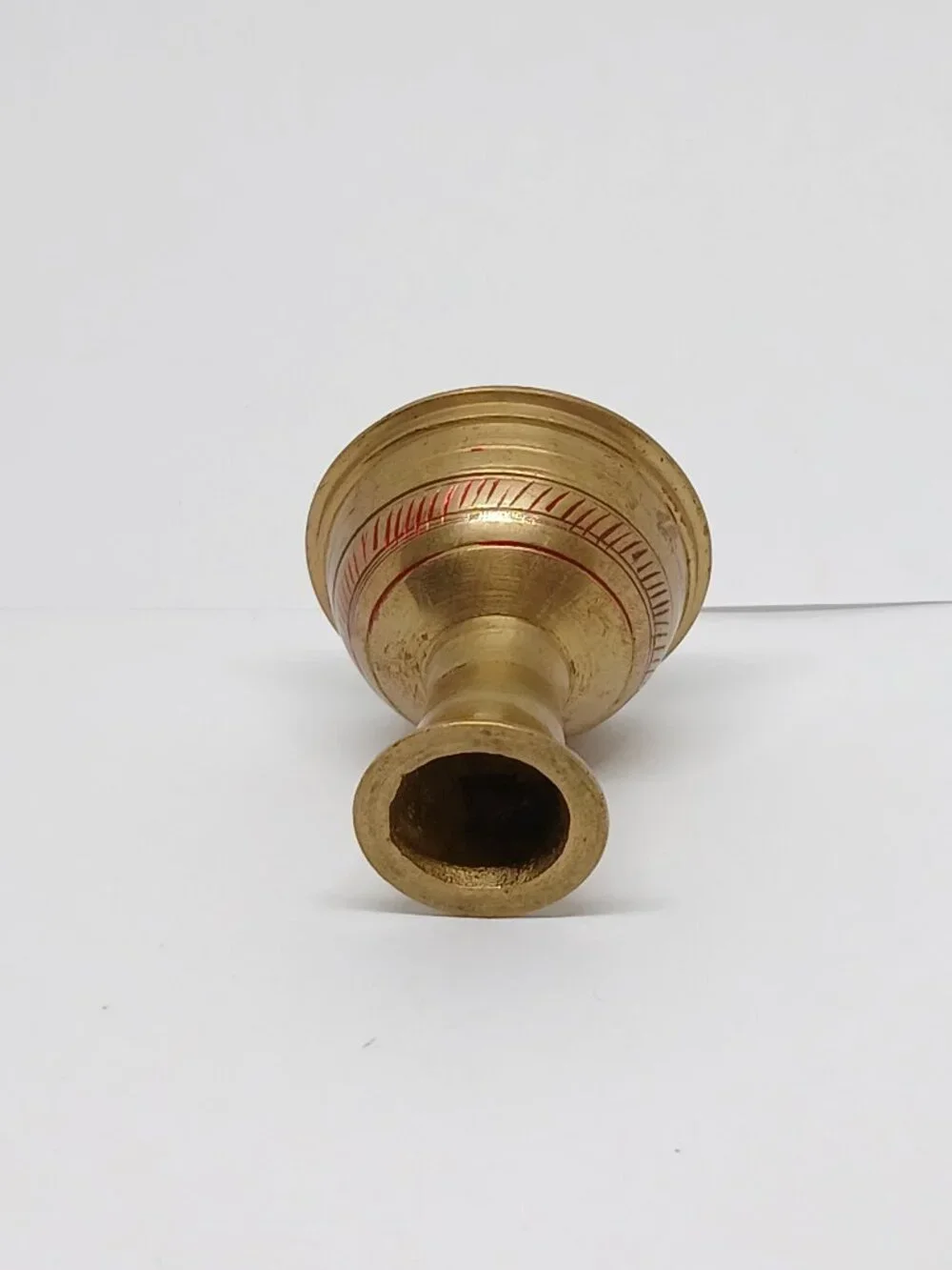 SMALL VINTAGE ANTIQUE BRASS VESSEL WITH GEOMETRIC PATTERNS IN RED PAINT